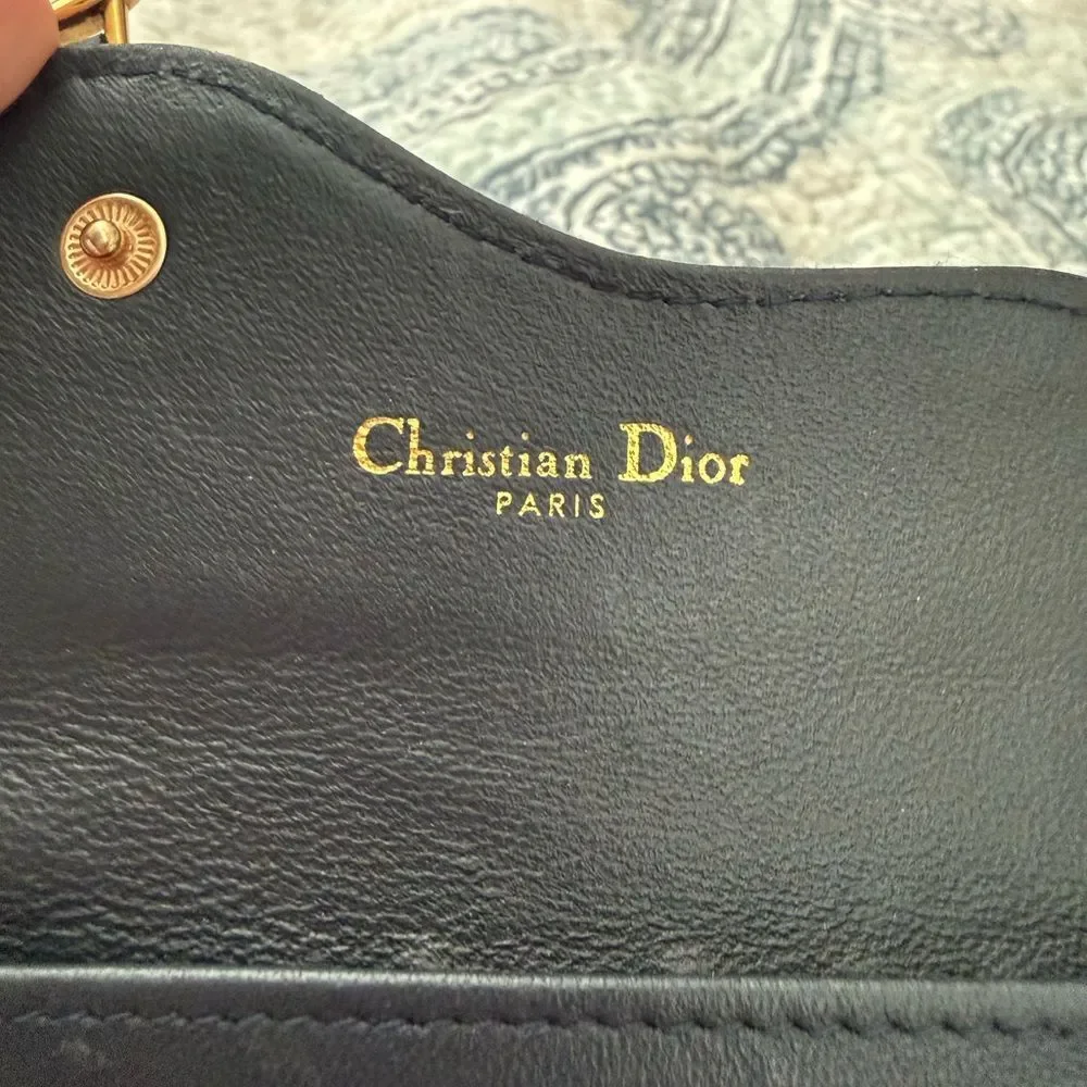 Christian Dior Oblique Saddle Flap Card Holder Blue Leather Mini with Gold Logo
